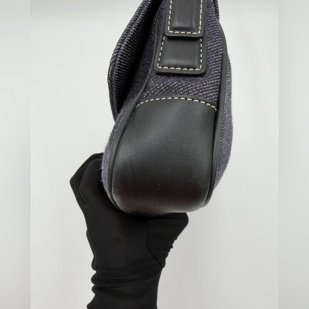 Vintage Coach E0J-7763 Black Denim Wool Flap Shoulder Bag Y2K Baguette Buckle